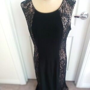 R&M Richards Black And Lace Gown with Cap Sleeves and Crew Neck